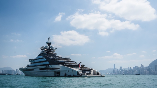 The Nord superyacht in Hong Kong, China, on Friday, Oct. 14, 2022. The Nord, a $500 million megayacht that's connected to sanctioned Russian tycoon Alexey Mordashov, has mysteriously ended up in Hong Kong after a more than week-long voyage from the port of Vladivostok where it was anchored since March. Photographer: Lam Yik/Bloomberg
