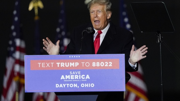 Former US President Donald Trump speaks during a 'Save America' rally in Vandalia, Ohio, US, on Monday, Nov. 7, 2022. Former President Donald Trump suggested an announcement that he plans to make another White House bid is imminent and attacked Florida Governor Ron DeSantis at a rally in Pennsylvania, a sign the former president is training his ire on a potential chief rival in a 2024 GOP primary.