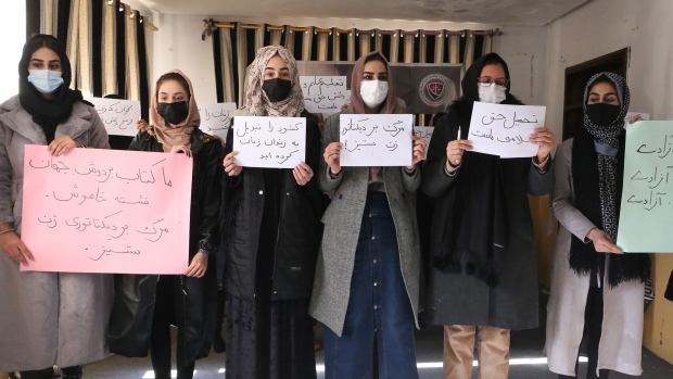 Afghan female students react against Taliban's university ban in Kabul, Afghanistan on December 21, 2022. Photographer: Bilal Guler/Anadolu Agency/Getty Images