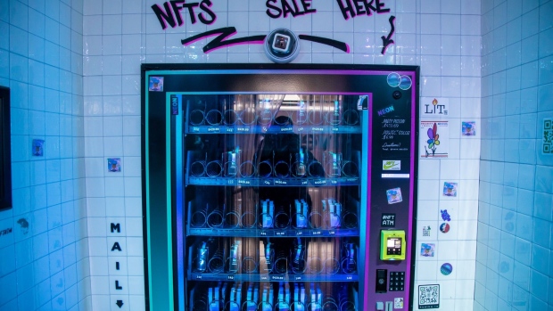 The Neon NFT vending machine in New York, U.S., on Tuesday, March 15, 2022. Nonfungible tokens - most often digital art such as cartoonish-looking apes and penguins - saw their daily average price last year go from $128 to nearly $4,000, according to NonFungible.