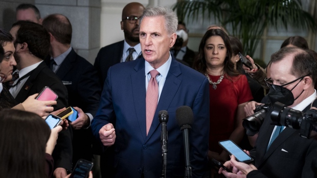 Representative Kevin McCarthy, a Republican from California, center, speaks to members of the media following a House Republican caucus meeting at the US Capitol.