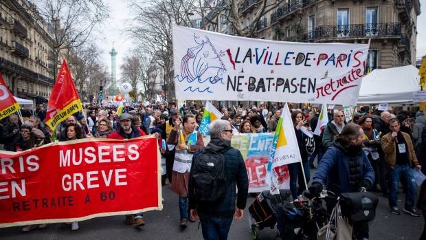 Demonstrators at a protest against government plans to revamp the pension system, in Paris on Feb. 16. Photographer: Benjamin Girette/Bloomberg