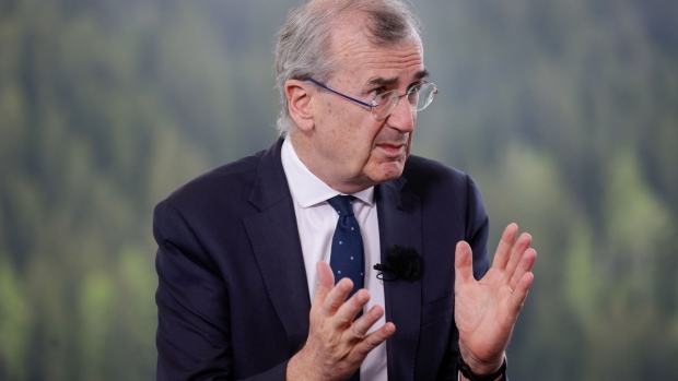 Francois Villeroy de Galhau, governor of the Bank of France, during a Bloomberg Television interview on day two of the World Economic Forum (WEF) in Davos, Switzerland, on Tuesday, May 24, 2022. The annual Davos gathering of political leaders, top executives and celebrities runs from May 22 to 26. Photographer: Jason Alden/Bloomberg