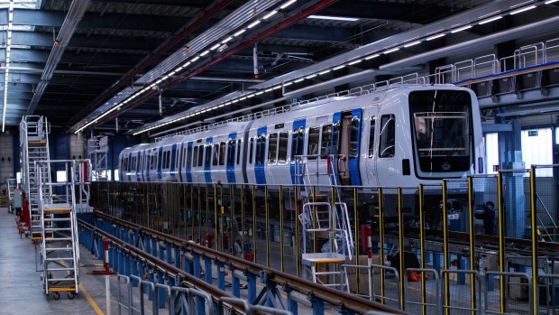 A Movia C30 metro train for Stockholm Public Transport on the assembly line at factory in Germany. Bombardier sold its rail unit to Alstom under financial pressure.