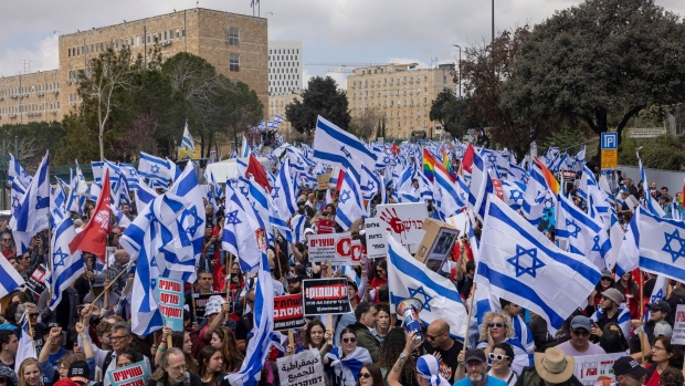 Demonstrators protest against prime minister Benjamin Netanyahu’s coalition government and proposed judicial reforms in Jerusalem, Israel, on March 27.