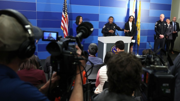 SAN FRANCISCO, CALIFORNIA - APRIL 13: San Francisco police chief William Scott (C) speaks during a press conference with San Francisco Mayor London Breed (L) and San Francisco district attorney Brooke Jenkins (R) at San Francisco Police headquarters on April 13, 2023 in San Francisco, California. San Francisco police arrested 38 year-old tech tech entrepreneur Nima Momeni at his home in Emeryville, California in connection with the stabbing murder of Cash App founder Bob Lee. Momeni was taken into custody without incident.
