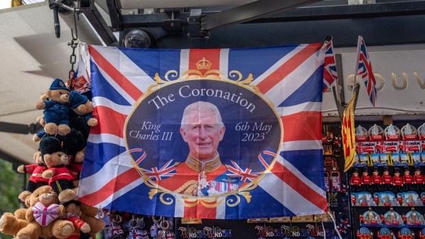 LONDON, ENGLAND - APRIL 24: A commemorative Union Jack King Charles III Coronation flag is displayed for sale at a souvenir shop on April 24, 2023 in London, England. The Coronation of King Charles III and The Queen Consort will take place on May 6, part of a three-day celebration. (Photo by Carl Court/Getty Images)