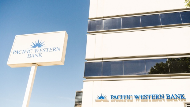 A Pacific Western Bank branch in Encino, California, US, on Saturday, April 22, 2023. PacWest Bancorp is scheduled to release earnings figures on April 25.