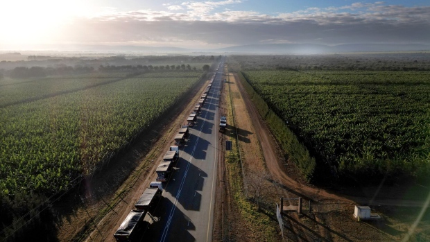 Trucks wait to cross South Africa’s border into Mozambique in Komatipoort, Lebombo Border control on Friday morning, July 14, 2023.