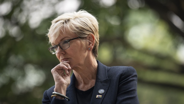 WASHINGTON, DC - JUNE 7: U.S. Secretary of Energy Jennifer Granholm waits to speak before helping to raise the Progress Pride flag outside of the Department of Energy on June 7, 2023 in Washington, DC. The flag was raised in honor of June Pride month. (Photo by Drew Angerer/Getty Images)