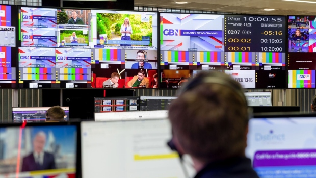 Production desks at the GB News television studio in London. Photographer: Betty Laura Zapata/Bloomberg