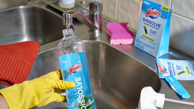 A Windex Dissolve reusable bottle with a concentrated pod. Identifying a sustainable cleaning product can involve evaluating claims about emissions, plastic use, water waste and packaging recyclability. Photographer: Gabby Jones/Bloomberg