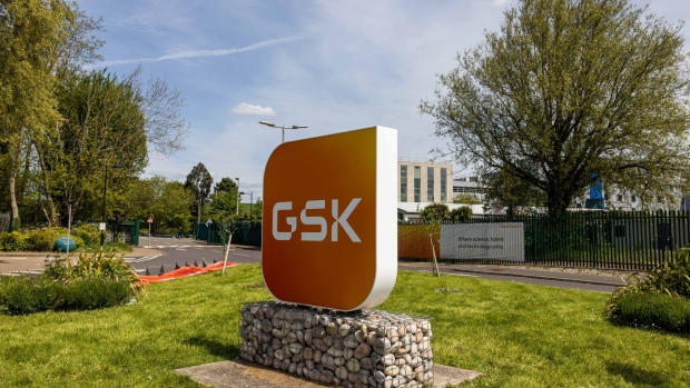 A sign outside a GSK Plc facility in Worthing, UK, on Monday, May 15, 2023. Around 750 workers from various sites are striking in a pay dispute, according to the Unite union. Photographer: Carlos Jasso/Bloomberg