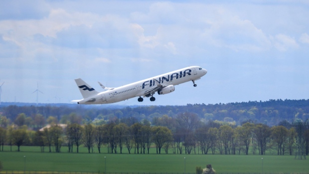 A Finnair passenger jet at Berlin Brandenburg airport.