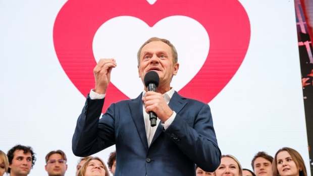 Donald Tusk, former president of the European Union (EU) and leader of the Civic Coalition, speaks during an election night rally at the party headquarters in Warsaw, Poland, on Sunday, Oct. 15, 2023. Poland's opposition is on track for a majority in Sunday's election, an exit poll showed, an upset that would deny the ruling nationalists a third term and steer the country back into the European mainstream.