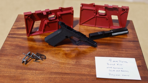 A ghost gun kit during an event in the Rose Garden of the White House in Washington, D.C., U.S., on Monday, April 11, 2022. Biden announced the finalization of new federal rules restricting so-called "ghost guns," which allow purchasers to assemble potentially untraceable weapons from kits.