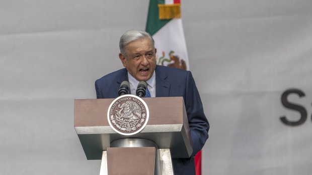 Andres Manuel Lopez Obrador speaks during a Mexico City rally celebrating his five years in office on July 1, 2023. Photographer: Alejandro Cegarra/Bloomberg