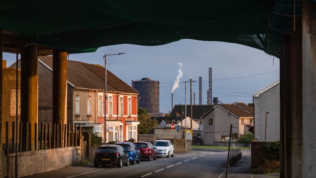 The Tata Steel plant beyond residential houses in Port Talbot, UK.