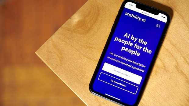 The Stability AI website on a smartphone arranged in New York, US, on Tuesday, Aug. 15, 2023. After its breakout success with Stable Diffusion, the London-based startup risks ceding its edge in the booming field of generative AI.