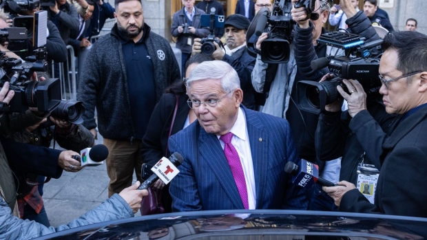 Senator Robert Menendez, a Democrat from New Jersey, exits federal court in New York, US, on Monday, Oct. 23, 2023. Menendez pleaded not guilty to a new federal charge that he conspired with his wife and a businessman to act as an agent of Egypt while he was chairman of the Senate Foreign Relations Committee.