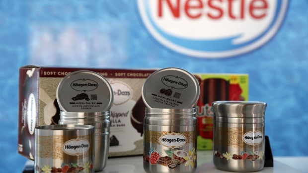 Aluminium jars of Haagen-Dazs branded dairy-free ice cream stand on display during an event at the Nestle SA headquarters in Vevey, Switzerland, on Wednesday, Feb. 12, 2019. While Nestle’s 2019 sales growth accelerated, analysts doubt the world’s largest food company will achieve growth above 4% this year. Photographer: Stefan Wermuth/Bloomberg