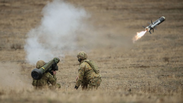 SEYMOUR, AUSTRALIA - MAY 09: Australian Army soldiers fire a Javelin anti-tank missile during Exercise Chong Ju at the Puckapunyal Military Area on May 09, 2019 in Seymour, Australia. Exercise Chong Ju is an annual live fire training exercise and firepower demonstration at the Australian Army's Combined Arms Training Centre showcasing Army as a versatile, decisive force. (Photo by Scott Barbour/Getty Images) Photographer: Scott Barbour/Getty Images AsiaPac