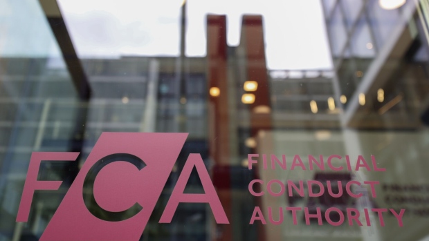 A sign on the window of the Financial Conduct Authority (FCA) headquarters ahead of a meeting of UK bank bosses in London, UK, on Thursday, July 6, 2023. Bank bosses are meeting with a UK regulator on Thursday to talk about accusations of “profiteering” from savers.