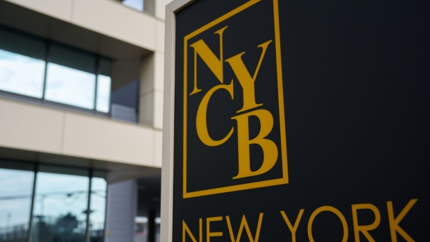The New York Community Bank (NYCB) headquarters in Hicksville, New York, US, on Thursday, Feb. 1, 2024. New York Community Bancorp plunged a record 46% after reporting a surprise loss tied to deteriorating credit quality and a cut to its dividend. Photographer: Bing Guan/Bloomberg
