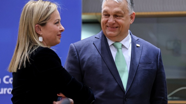 Giorgia Meloni and Viktor Orban at an EU summit on March 23, 2023.