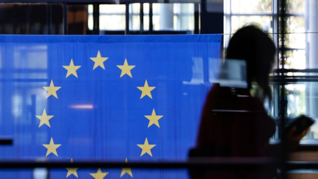 The European Union (EU) flag at the European Parliament's Louise Weiss building in Strasbourg, France, on Tuesday, Sept. 12, 2023. European Commission President Ursula von der Leyen will deliver the State of the EU speech on Wednesday. Photographer: Stefan Wermuth/Bloomberg