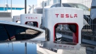 A Tesla Inc. electric vehicle Supercharger station in the Fuenlabrada district of Madrid, Spain, on Wednesday, Feb. 28, 2024. Global spending on the clean-energy transition hit record highs in 2023. Photographer: Magda Gibelli/Bloomberg