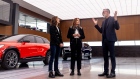 Mary Barra, center, and Michael Simcoe, GM’s head of design, right, at GM’s new design center with Emily Chang. Photographer: Emily Elconin/Bloomberg