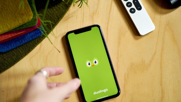 The Duolingo logo on a smartphone arranged in the Brooklyn borough of New York, US, on Thursday, May 4, 2023. Duolingo Inc. is scheduled to release earnings figures on May 9.