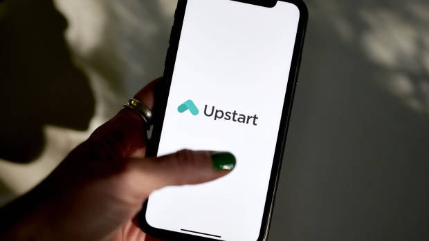 The Upstart logo on a smartphone arranged in New York, US, on Tuesday, Aug. 15, 2023. Upstart Holdings Inc.'s breakneck rally is losing momentum after the lending platform that uses artificial intelligence provided a disappointing outlook.
