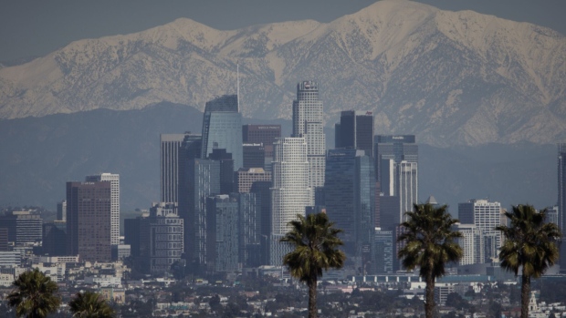 The downtown Los Angeles skyline. Photographer: Eric Thayer/Bloomberg