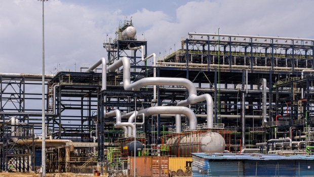 Refining pipework at the Dangote Industries Ltd. oil refinery and fertilizer plant site in the Ibeju Lekki district of Lagos, Nigeria, on Monday, May 22, 2023. Aliko Dangote, Africa’s richest person, announced the opening of a mega refinery in Nigeria — seven years late — to a backdrop of skepticism about how fast it will really be able to ramp up. Photographer: Benson Ibeabuchi/Bloomberg