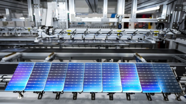 Solar cells at a solar panel manufacturing facility in the US. Photographer: Brett Coomer/Houston Chronicle/Getty Images