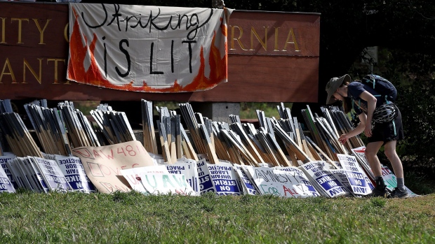 <p>A UC Santa Cruz student worker grabs a sign from a pile to picket in front of the campus on May 20.</p>