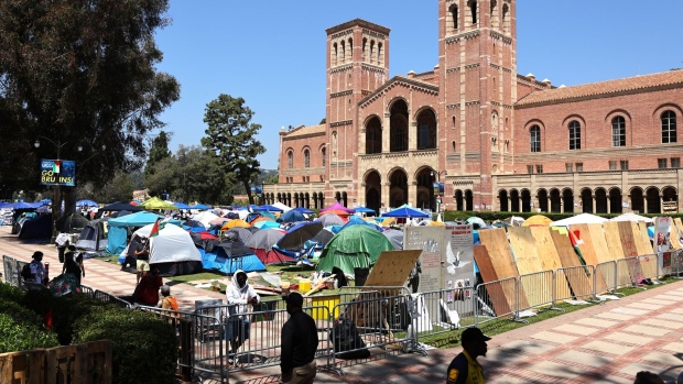 The protest encampment at UCLA in April. 