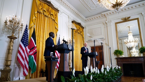 <p>William Ruto, Kenya's president, left, and US President Joe Biden during a news conference at the White House on May 23.</p>