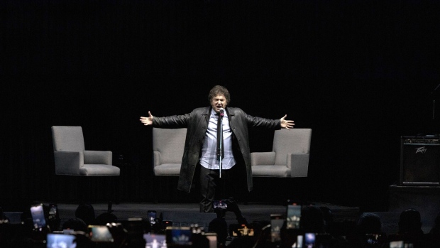 Argentine President Javier Milei speaks during a book launch at a Buenos Aires arena on Wednesday.
