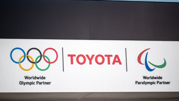 Toyota snd Olympics branding. Photographer: Philip Fong/AFP/Getty Images