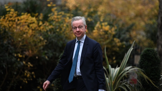 Michael Gove, UK levelling up secretary, in Downing Street in London, UK, on Wednesday, Dec. 13, 2023. The UK economy shrank more than expected in October as elevated borrowing costs and wet weather took their toll, setting the stage for another quarter of stagnation that is widely forecast to persist through 2024.