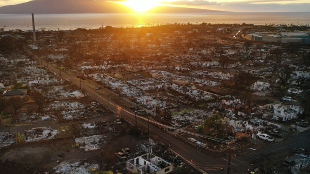 Burned structures and cars are seen two months after a devastating wildfire in Lahaina, Hawaii, on Oct. 9, 2023.