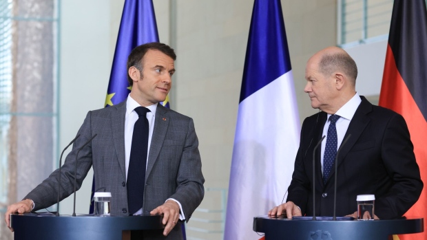 Emmanuel Macron, left, and Olaf Scholz, in Berlin, on March 15.