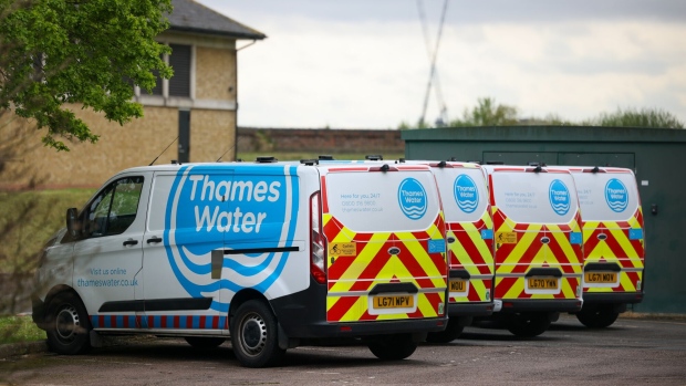 <p>Engineers' vans parked at the South Woodford pumping station, operated by Thames Water, in London, on April 19.</p>