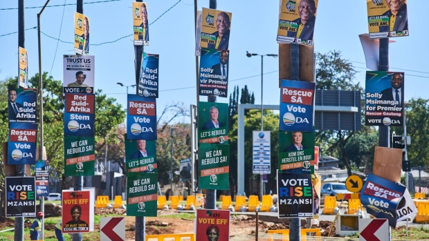 Campaign posters for political parties competing in the national election in Pretoria.