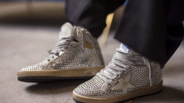 <p>A pair of Swarovski jewel-encrusted sneakers at a Golden Goose SpA store in the Mayfair district of London, UK.</p>