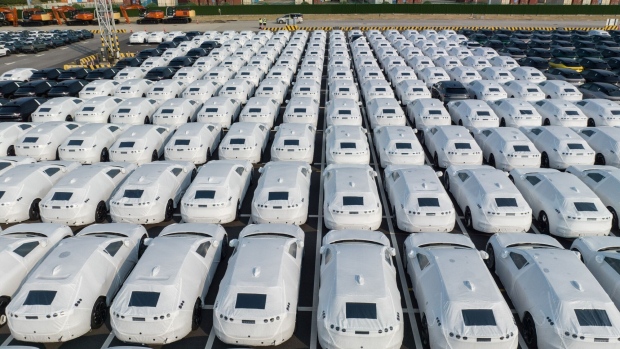 Chinese electric vehicles bound for shipment at the Port of Taicang in China. Bloomberg