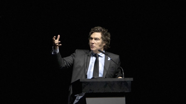 Javier Milei speaks during a book launch in Buenos Aires on May 22.